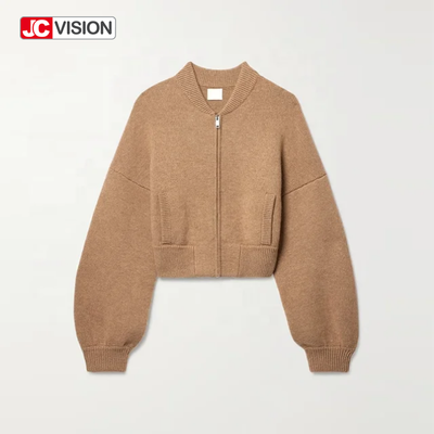 JCVISION Musim Gugur Musim Dingin Coklat Leher V Lengan Panjang Ritsleting Wanita
