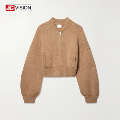 JCVISION Musim Gugur Musim Dingin Coklat Leher V Lengan Panjang Ritsleting Wanita