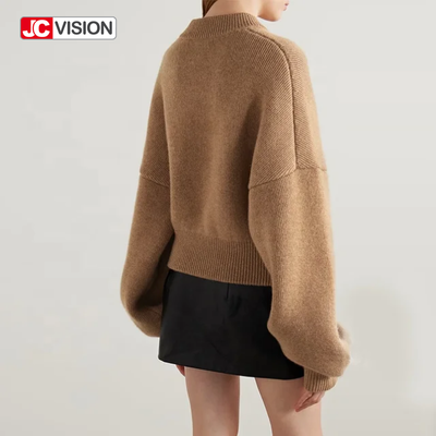 JCVISION Musim Gugur Musim Dingin Coklat Leher V Lengan Panjang Ritsleting Wanita