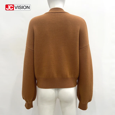 JCVISION Musim Gugur Musim Dingin Coklat Leher V Lengan Panjang Ritsleting Wanita