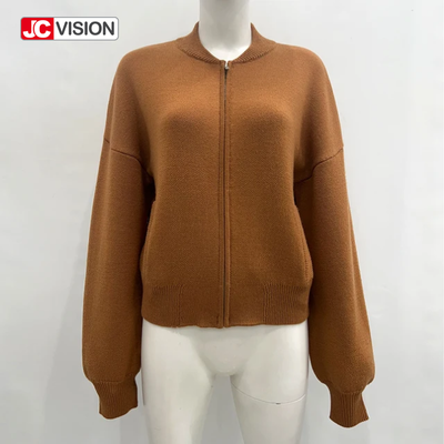 JCVISION Musim Gugur Musim Dingin Coklat Leher V Lengan Panjang Ritsleting Wanita