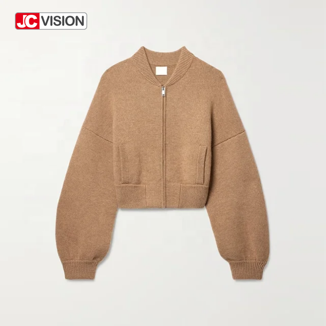 JCVISION Musim Gugur Musim Dingin Coklat Leher V Lengan Panjang Ritsleting Wanita